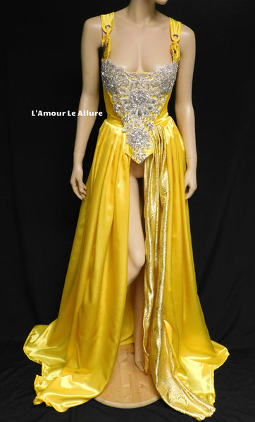 Belle Yellow Rhinestone Medieval Renaissance Ball Gown Dress Skirt with Corset