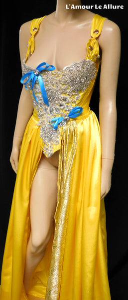 Belle Yellow Rhinestone Medieval Renaissance Ball Gown Dress Skirt with Corset and Blue Bows