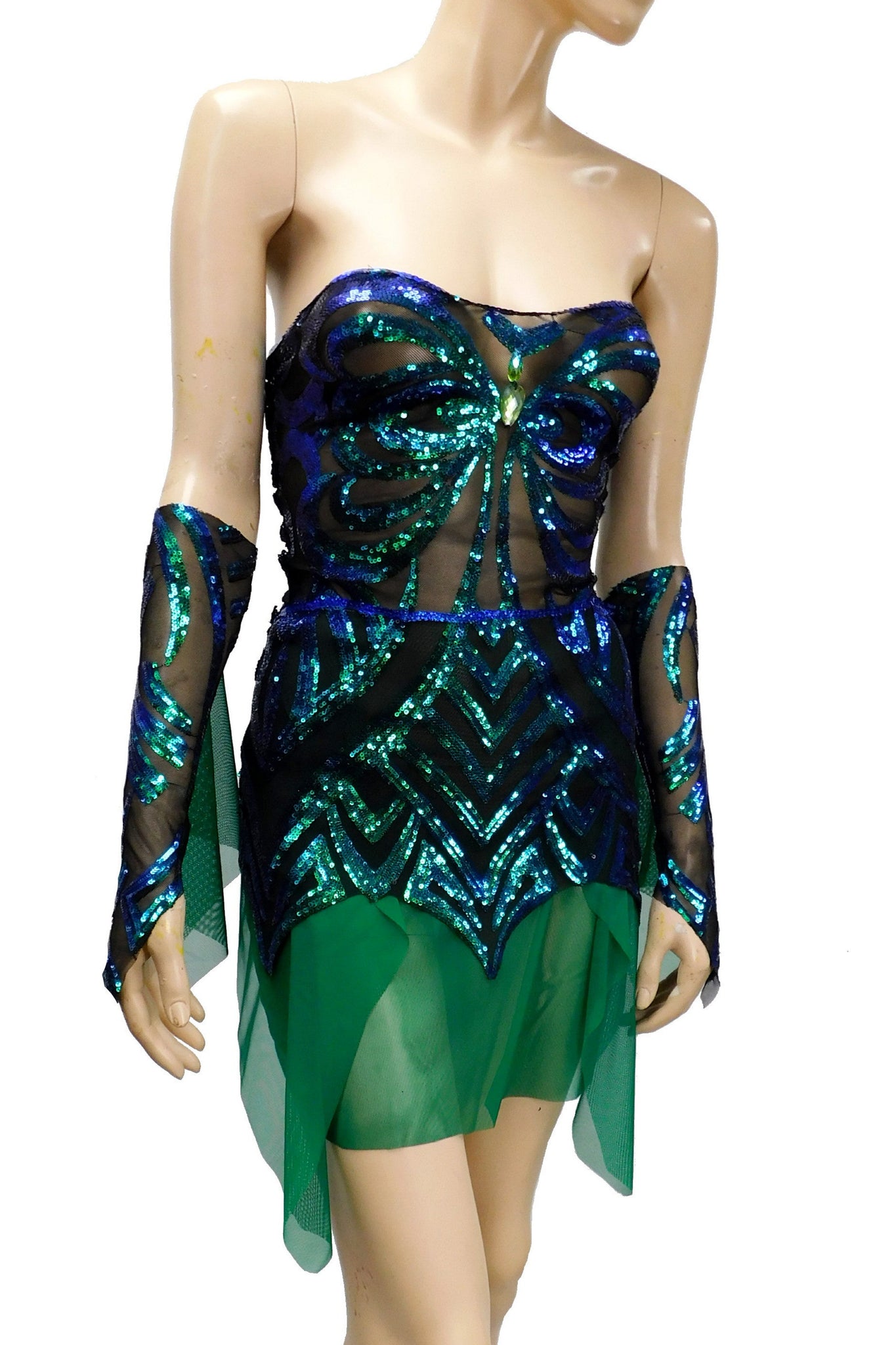 Dark Green and Blue Iridescent Sequins Butterfly Goddess Nymph Fairy Dress Dance Festival
