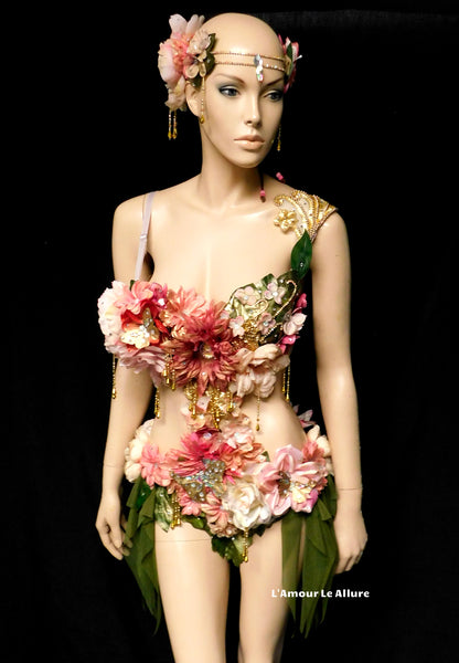 Golden Spring Forest Fairy Goddess with Green Skirt Dance Costume Rave Bra Monokini Halloween