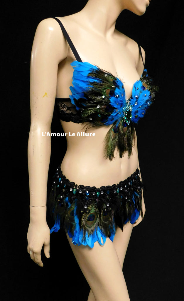 Light Blue Feather Bra And Skirt With Matching Applique Trim