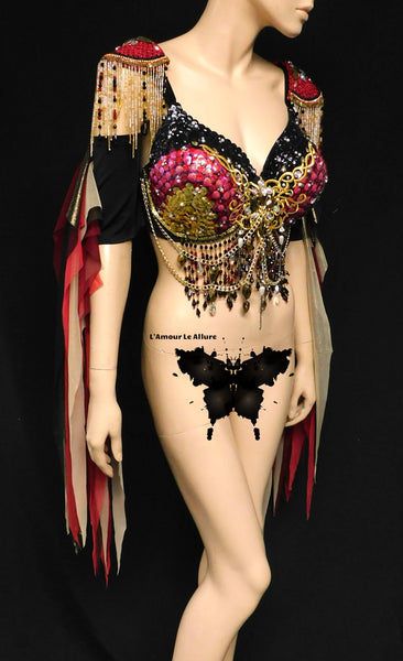 Royal Gold Black and Red Sequin Scale Mermaid Top Dance Costume Halloween