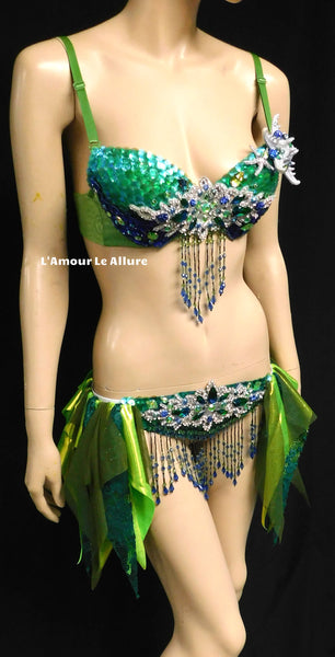 Green Blue and Silver Sequin Scale Mermaid Bra and Skirt