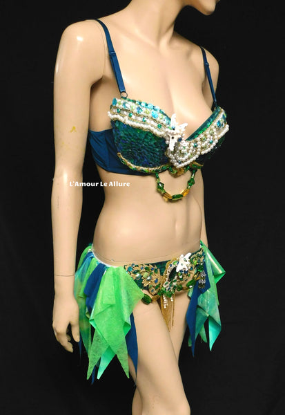 Green Blue and Gold Sequin Scale Mermaid Bra and Skirt