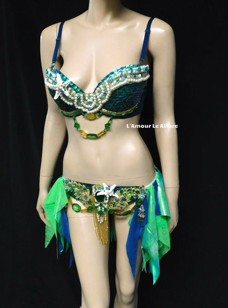 Green Blue and Gold Sequin Scale Mermaid Bra and Skirt