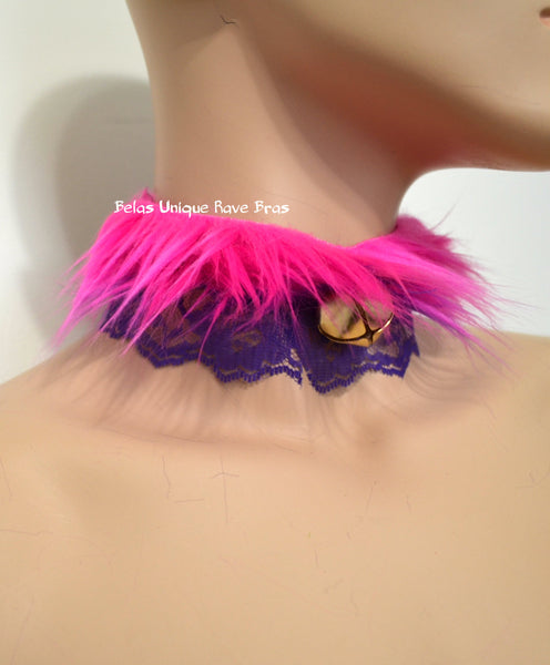 Cheshire Cat Fur Bell Lace Lolita Choker Gothic Necklace with Bell