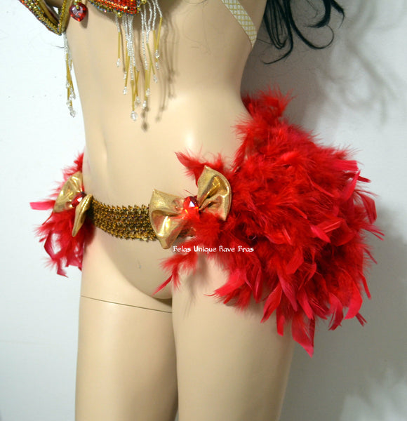 Red and Gold Bow Sequin Feather Bustle Skirt