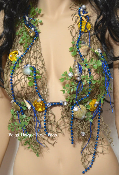 Sirens Of The Sea Blue Gold Netted Siren Mermaid Halter Top Halloween Dance Costume