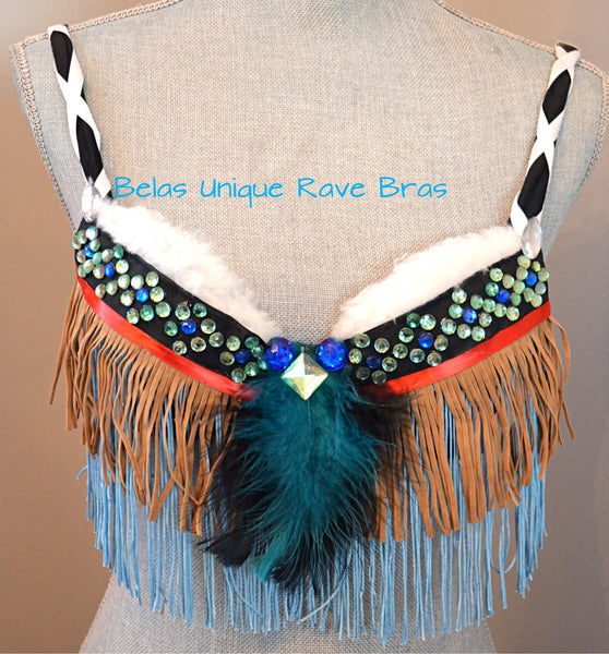Tan Turquoise Tribal Fringe Feather Native indian Bra and Skirt