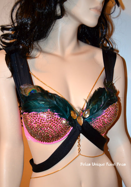 Hot Pink Peacock Feather Rhinestone Cage Bra