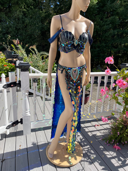 Black Iridescent Blue Rainbow Sequins Mermaid Siren Belly Dancer 2 Piece