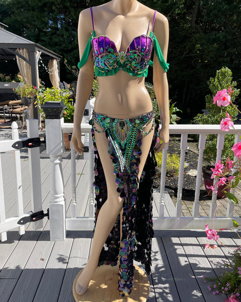 Purple and Green Sequins Mermaid Siren Belly Dancer 2 Piece