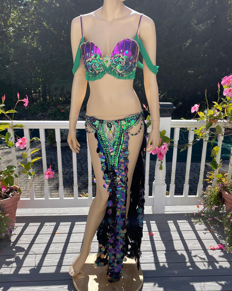 Purple and Green Sequins Mermaid Siren Belly Dancer 2 Piece