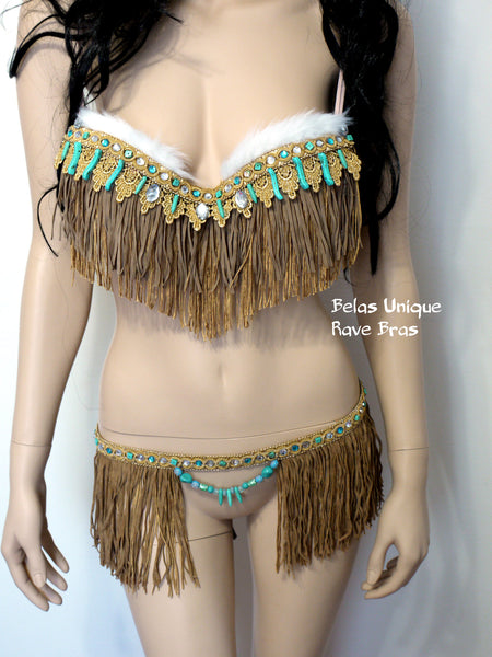 Pocahontas Turquoise Brown Fringe Bra and Skirt