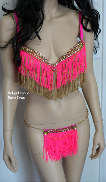 Hot Pink and Gold Fringe Chain Bra and Skirt