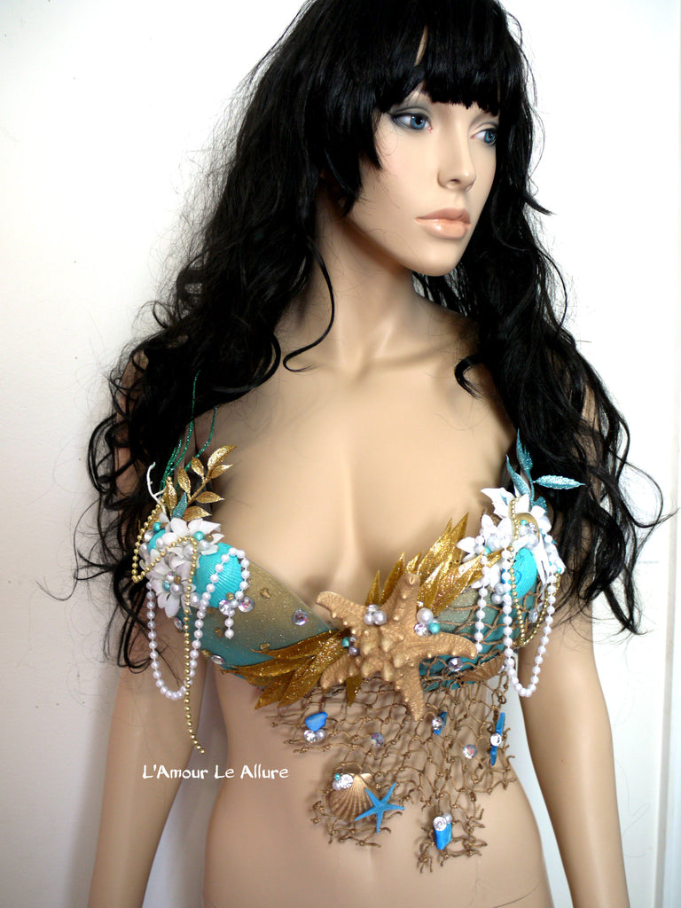 Blue Turquoise Glitter Mermaid Top Bra Gold Chain Halloween