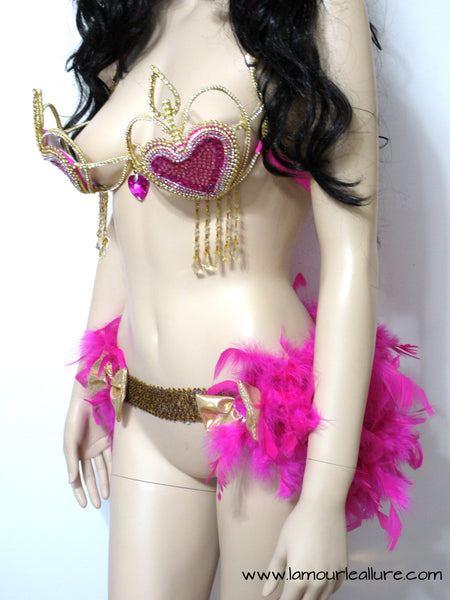 Pink and Gold Heart Samba Dance Carnival Top with Feather Bustle Skirt