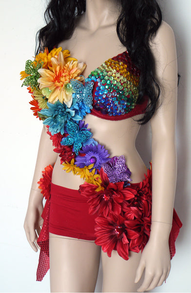 Rainbow Fairy Flower Bra and Shorts Monokini Dance Rave Halloween Costume