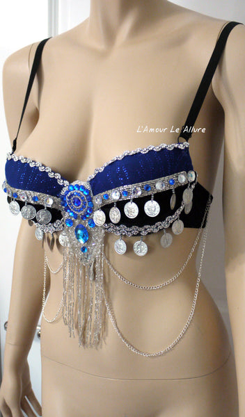 Blue and Silver Coin Beaded Bra