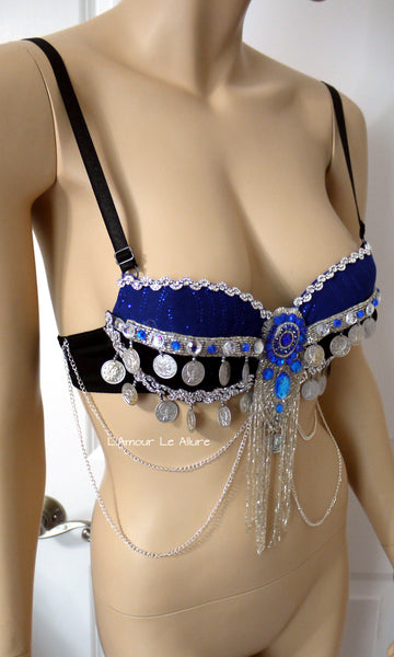 Blue and Silver Coin Beaded Bra