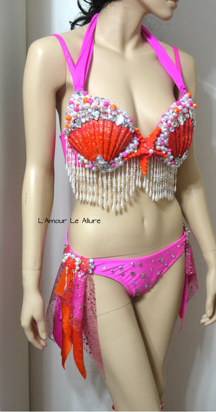 Neon Pink Orange Mermaid Shell Dance Costume Rave Bra Rave Wear Halloween Burlesque Show Girl