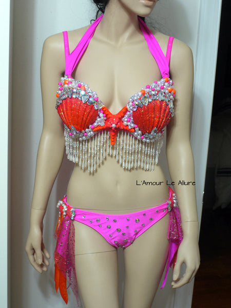 Neon Pink Orange Mermaid Shell Dance Costume Rave Bra Rave Wear Halloween Burlesque Show Girl