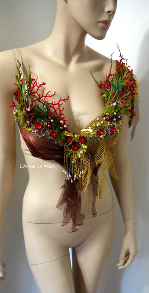Red Gold Siren Mermaid Shell Bra Halloween Dance Costume