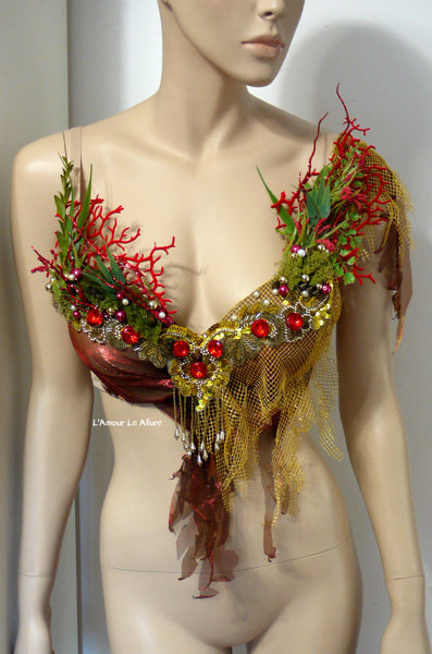 Red Gold Siren Mermaid Shell Bra Halloween Dance Costume