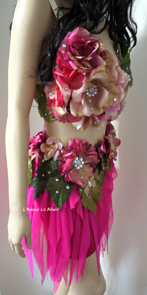 Spring Fairy Floral Bra with High Waisted Skirt - Hot Pink