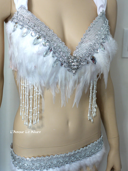 Diamond White and Silver Feather Fringe Bra Dance Costume Rave Halloween