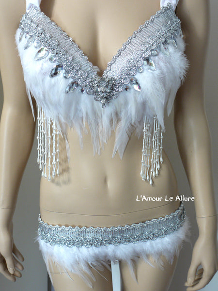 Diamond White and Silver Feather Fringe Bra Dance Costume Rave Halloween