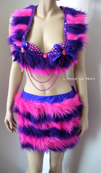 Alice In Wonderland Cheshire Cat Fur Rave Bra and Skirt