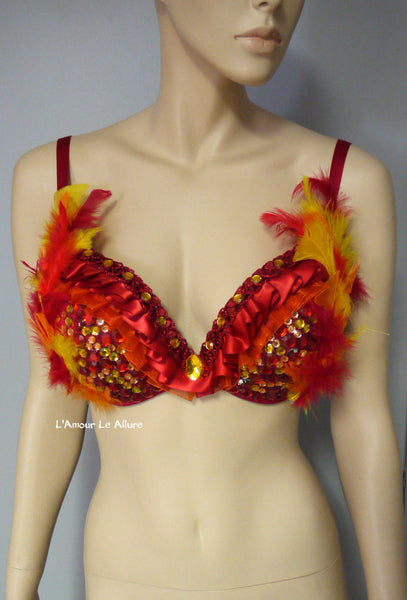 Red Phoenix Fire Feather Bra Halloween Dance Costume