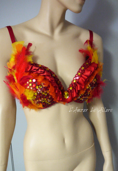 Red Phoenix Fire Feather Bra Halloween Dance Costume
