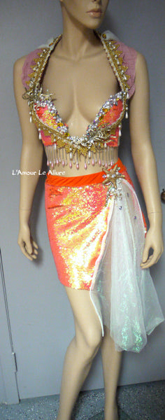 Iridescent Orange Sequins Scale Mermaid Plunge Bra and Skirt