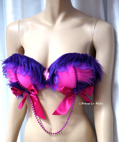 Alice In Wonderland Cheshire Cat Fur Dance Rave Bra with Bows