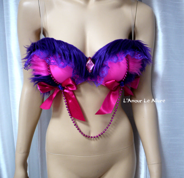 Alice In Wonderland Cheshire Cat Fur Dance Rave Bra with Bows