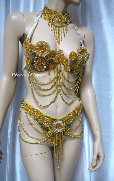 Gold Beaded Carnival Samba Top and Bottom Dance Costume Belly Dancer Burlesque Show Girl