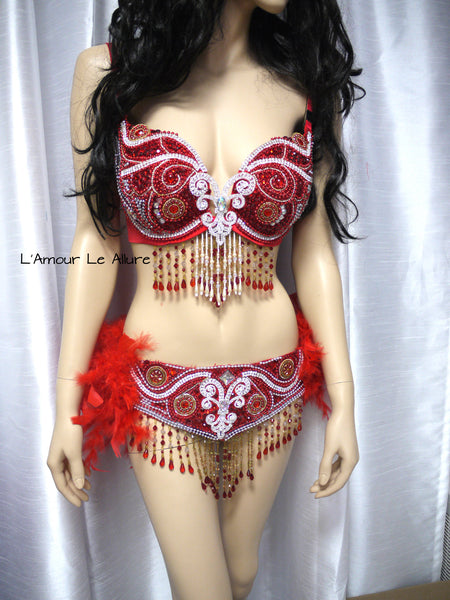 Red Butterfly Rave Bra with Feather Bustle Skirt Bottom Dance Halloween Costume