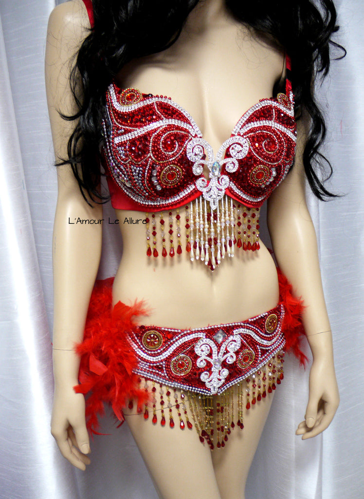 Red Butterfly Rave Bra with Feather Bustle Skirt Bottom Dance