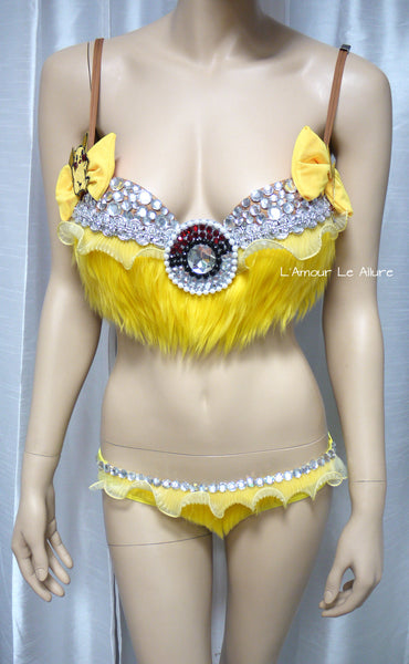 Pikachu Fur Bra and Bottom Cosplay Dance Costume Rave Halloween