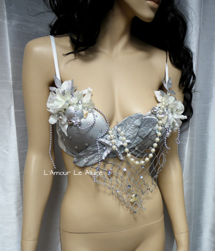 White and Silver Mermaid Rave Bra and Bottoms - Complete Outfit