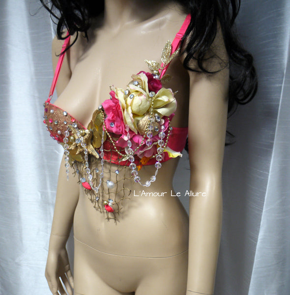 Dripping in Gold Hot Pink Mermaid Shell Bra Dance Costume Rave Halloween