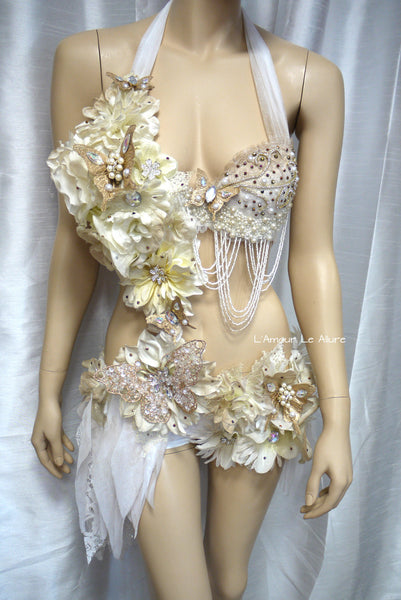 Gold and White Goddess Fairy Monokini Dance Costume Rave Bra Halloween