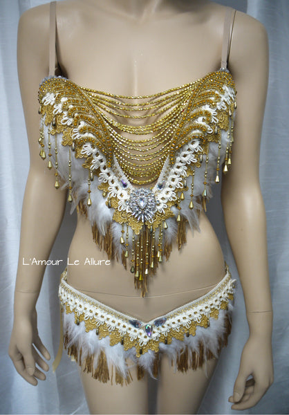 Gold and White Feather Native indian Fringe Plunge Bra and Skirt