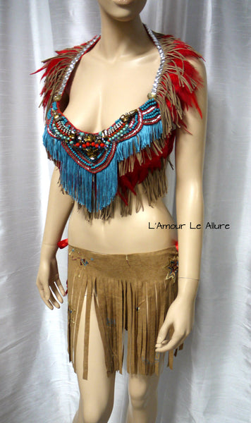 Red Turquoise Tribal Suede Fringe Bra and Skirt Halloween Costume