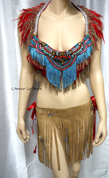 Red Turquoise Tribal Suede Fringe Bra and Skirt Halloween Costume