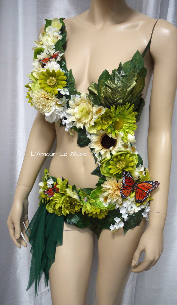  White Floral Woodland Forest Fairy Monokini Dress Rave Bra  Dance Costume : Handmade Products