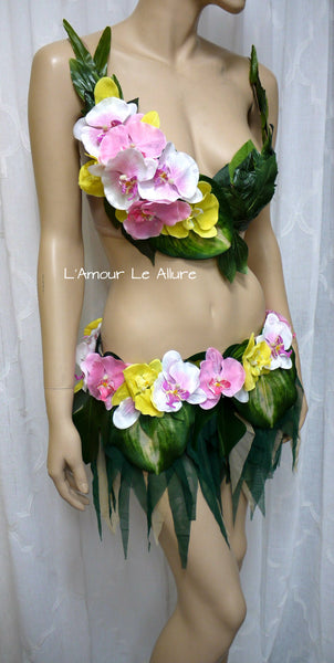 Hula Island Girl Orchid Flower Bra and Leaf Skirt