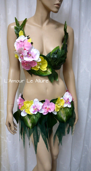 Hula Island Girl Orchid Flower Bra and Leaf Skirt